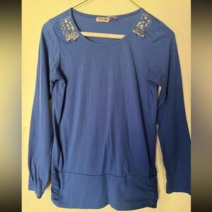 Scooter Brown Top Shirt Size 14 Large Girls Long Sleeve Kids Blue Sequin Beaded